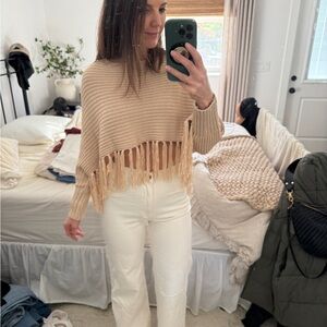 525 America Tan Knit Sweater with Fringe